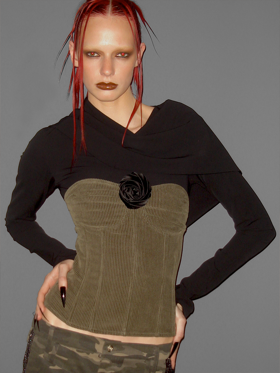 [2000 ARCHIVES] Corduroy Tube Top with Rose Corsage - Khaki