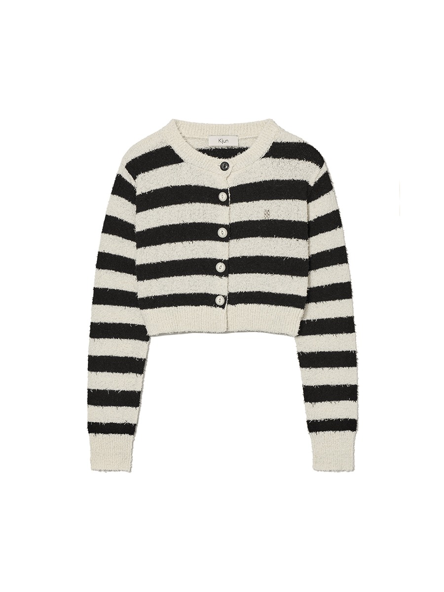[KIJUN] Striped Knit Cardigan - Black/ Cream